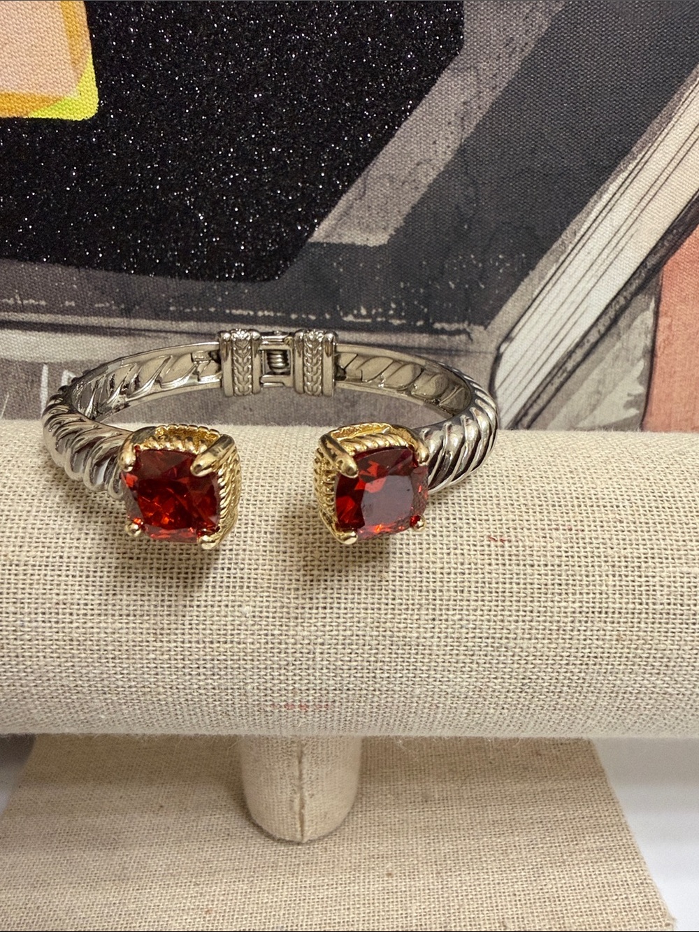 Gold & Silver Cuff Bracelet with Red Gemstone Accents